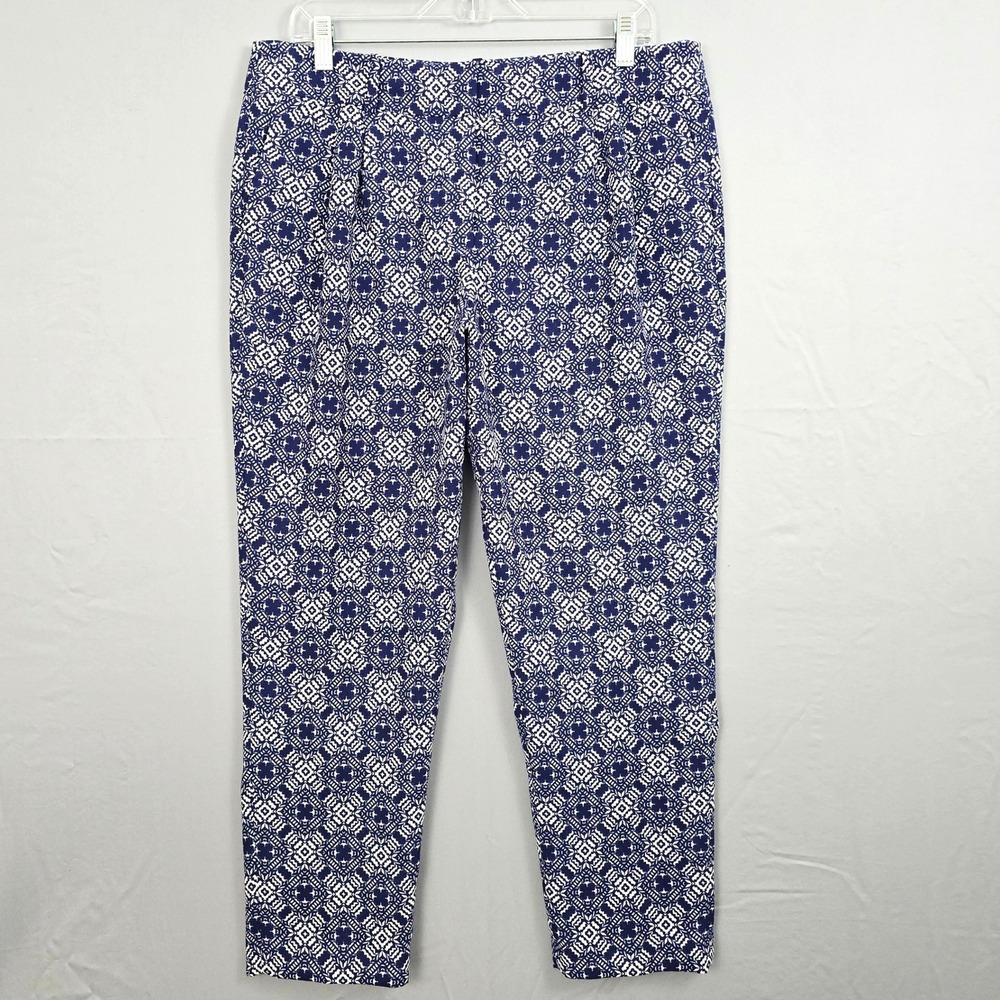 J. Crew Cropped Printed Pleated‎ Front Blue White Pants 10